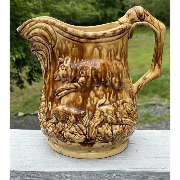 Rare Antique Bennington Rockingham Dog Handle Hunt Scene Pitcher Yellow ware - Picture 1 of 16